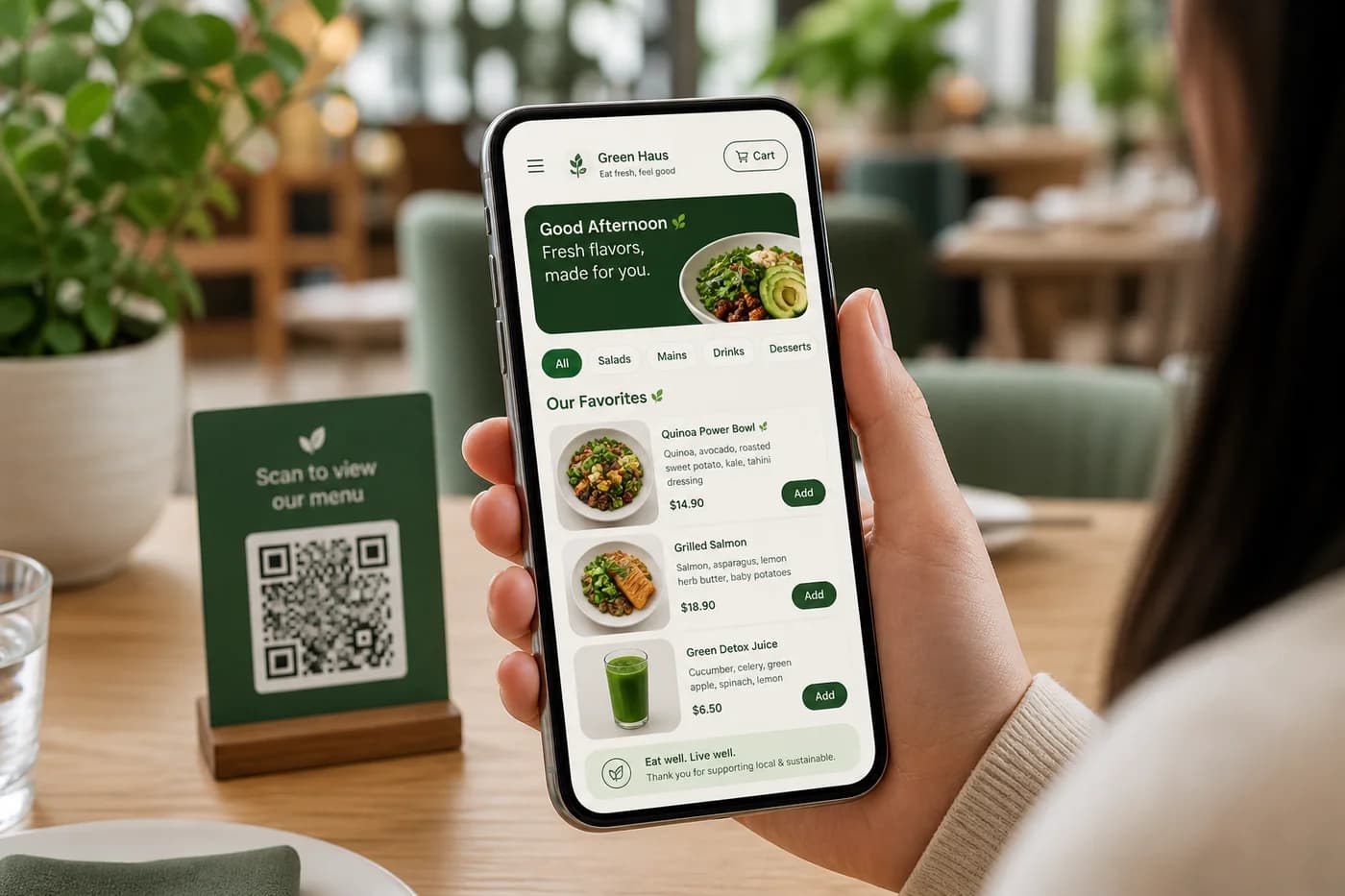 Cliente escaneando un código QR en la mesa para acceder al menú digital